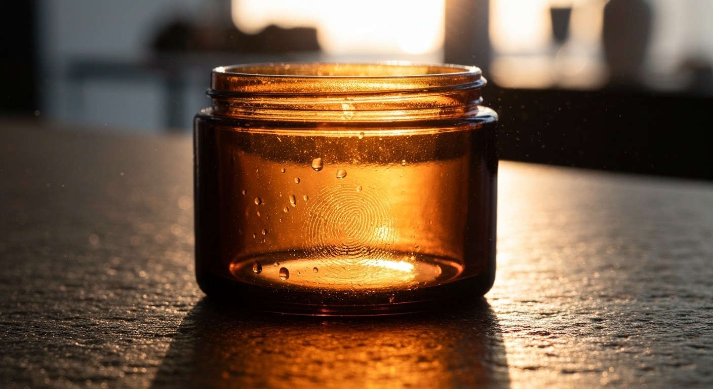 A premium amber glass jar with small water droplets on its surface, illuminated by warm evening sunlight.