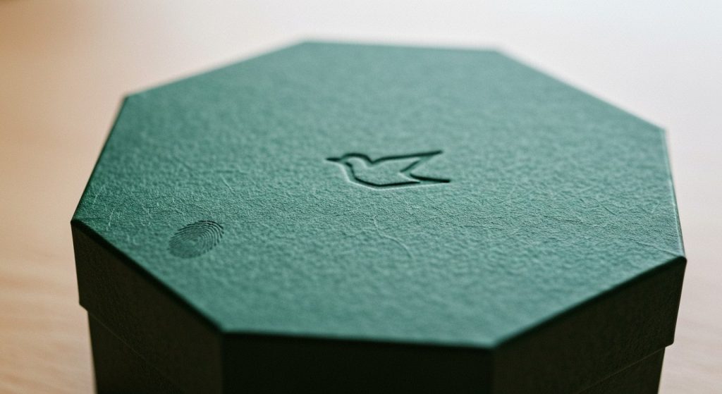 A forest green octagonal gift box with a bird emblem sits on a limestone table in soft window light.
