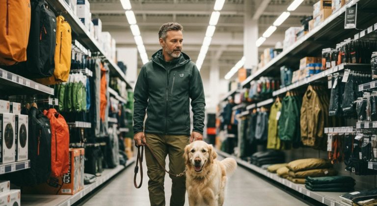 A man walking his leashed Golden Retriever down the aisle of an outdoor retail store.