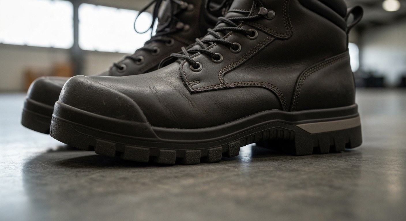 Steel-toed composite safety boots on a concrete warehouse floor.