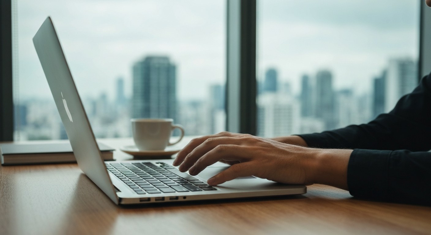 Corporate Logistics Operations in Metro Manila Close-up of a person's hands working on a laptop at a wooden desk with a blurred Manila city skyline in the background.