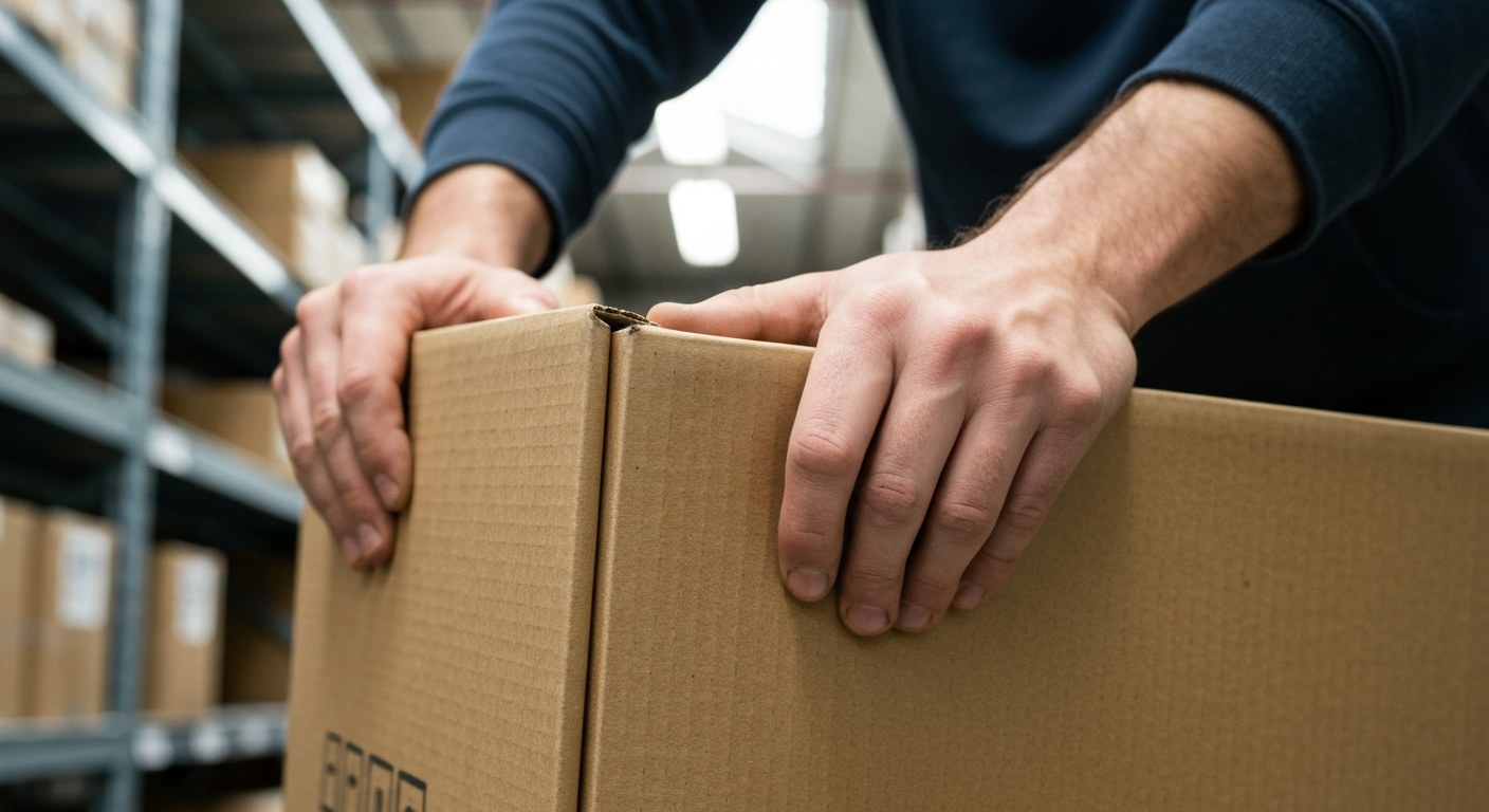 Demonstrating Physical Stamina for Logistics Roles Close-up of hands lifting a heavy cardboard box in a stockroom, showing physical capability and grip.