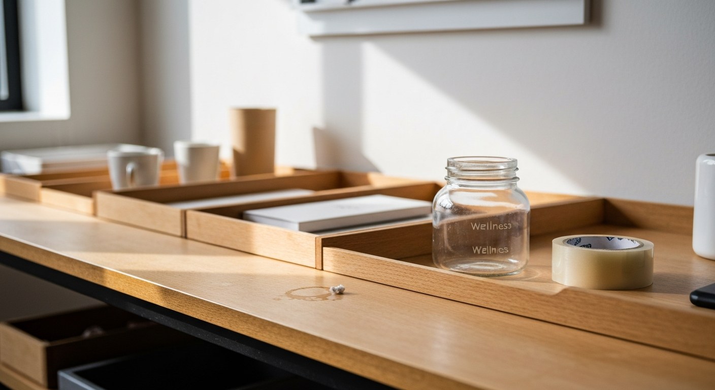 A wooden workspace table with shipping supplies and small household items in soft window light.