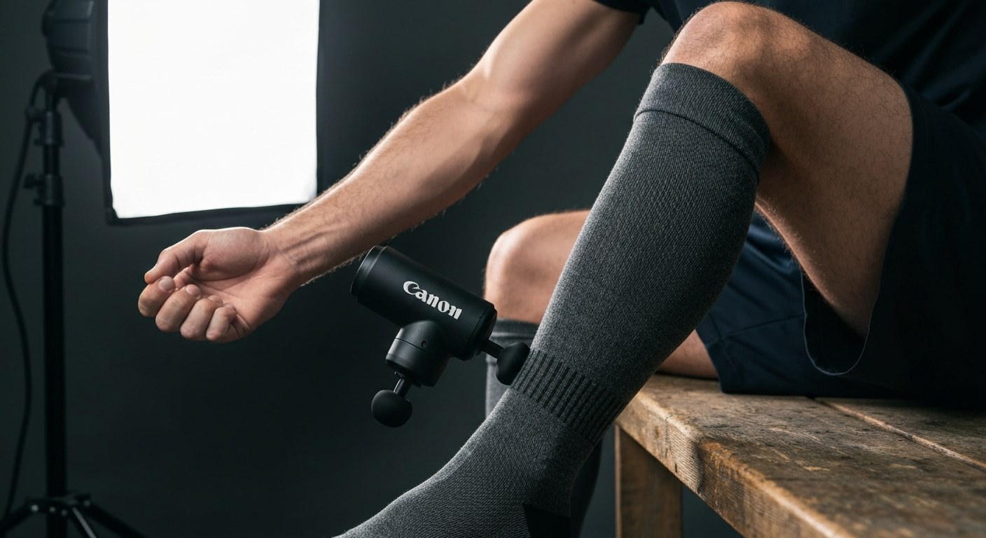 Massage Gun for Muscle Recovery A person using a massage gun on their leg while wearing dark grey compression socks.