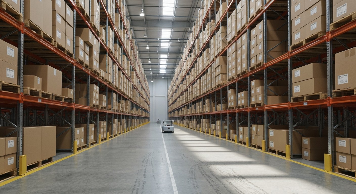 Massive Scale of Modern Distribution Center Wide view of a massive warehouse interior with tall storage racks and a polished concrete floor with forklift scuffs.