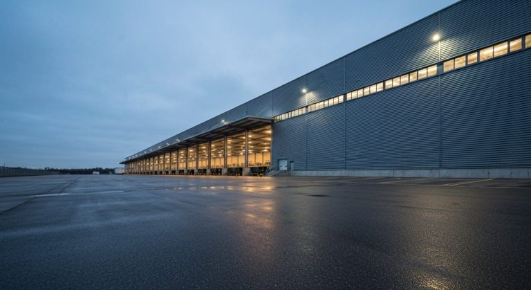Wide-angle view of a massive modern warehouse exterior at dawn with loading docks and damp asphalt.