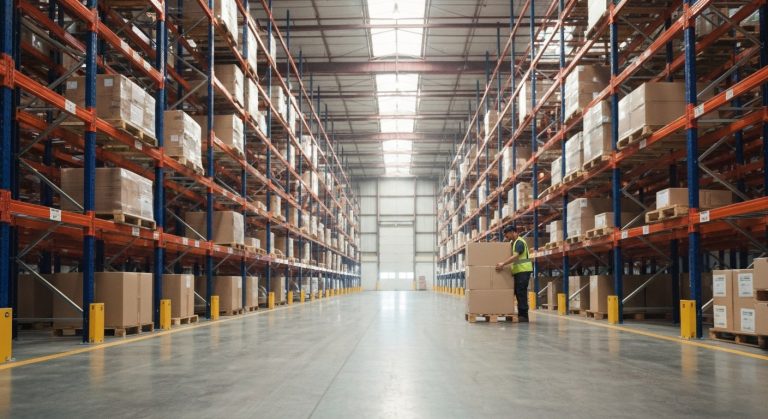 A vast warehouse interior with tall steel shelves and a worker in a high-vis vest examining inventory pallets.