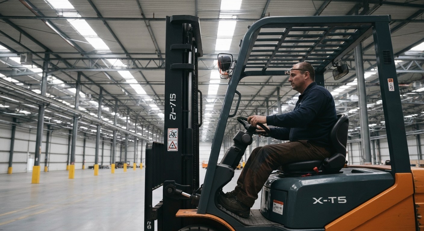 Material handler operating a forklift in a large warehouse facility.