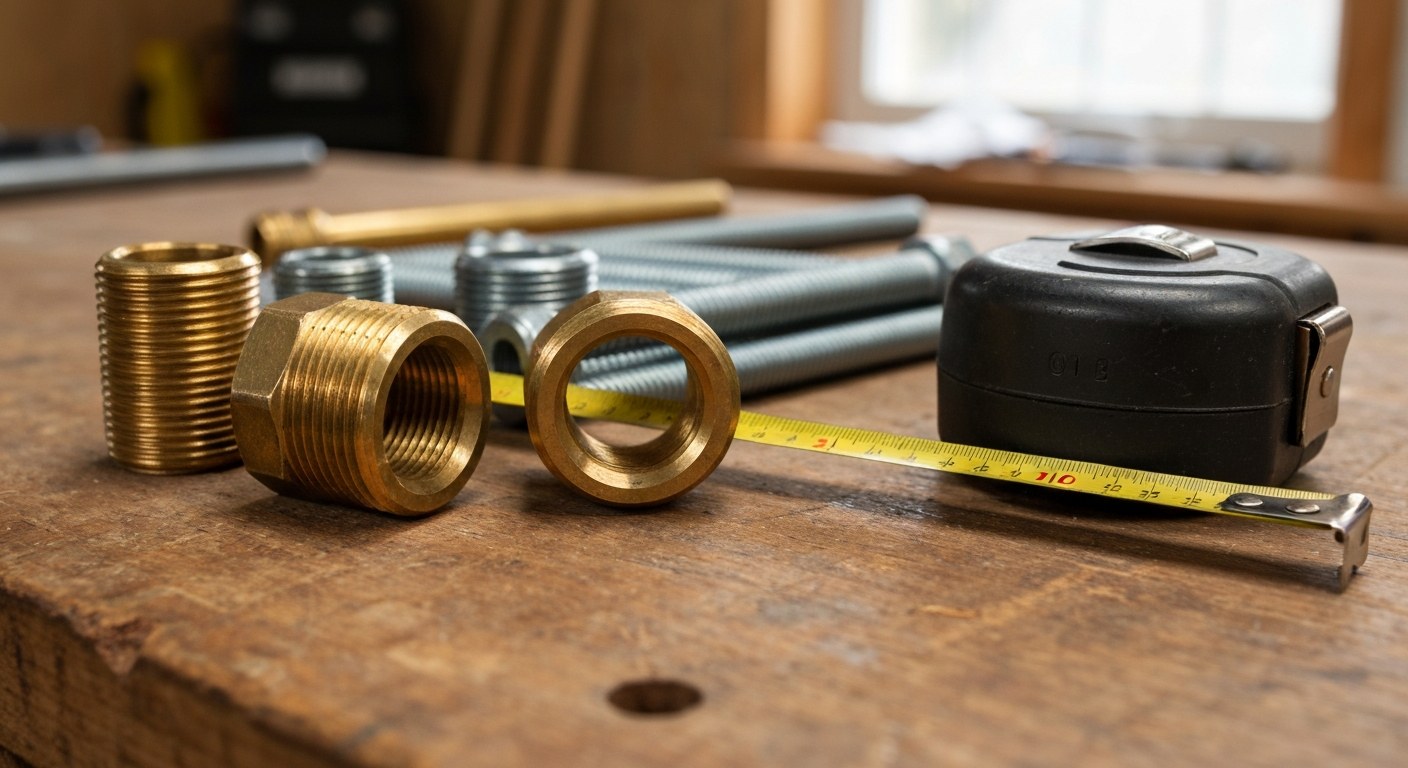 High-Quality Hardware and Tool Detail Close-up of brass hardware and construction tools on a rustic wooden workbench with natural lighting.