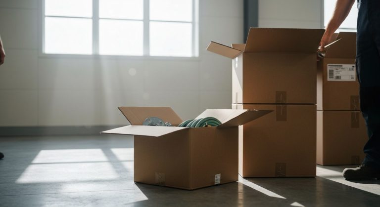 A stack of shipping boxes in a clean, modern warehouse workshop filled with hardware and garden supplies.