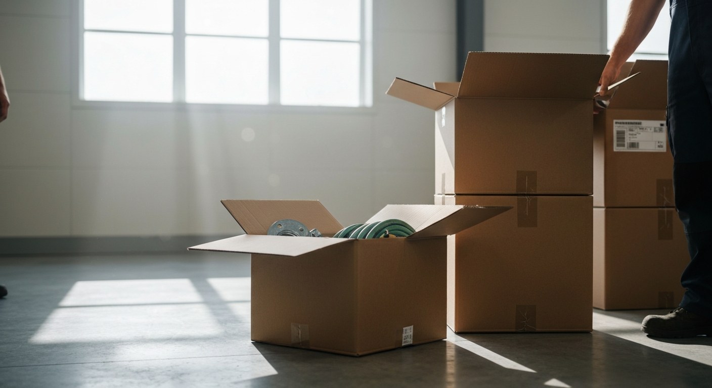 Professional Warehouse Fulfillment and Shipping A stack of shipping boxes in a clean, modern warehouse workshop filled with hardware and garden supplies.