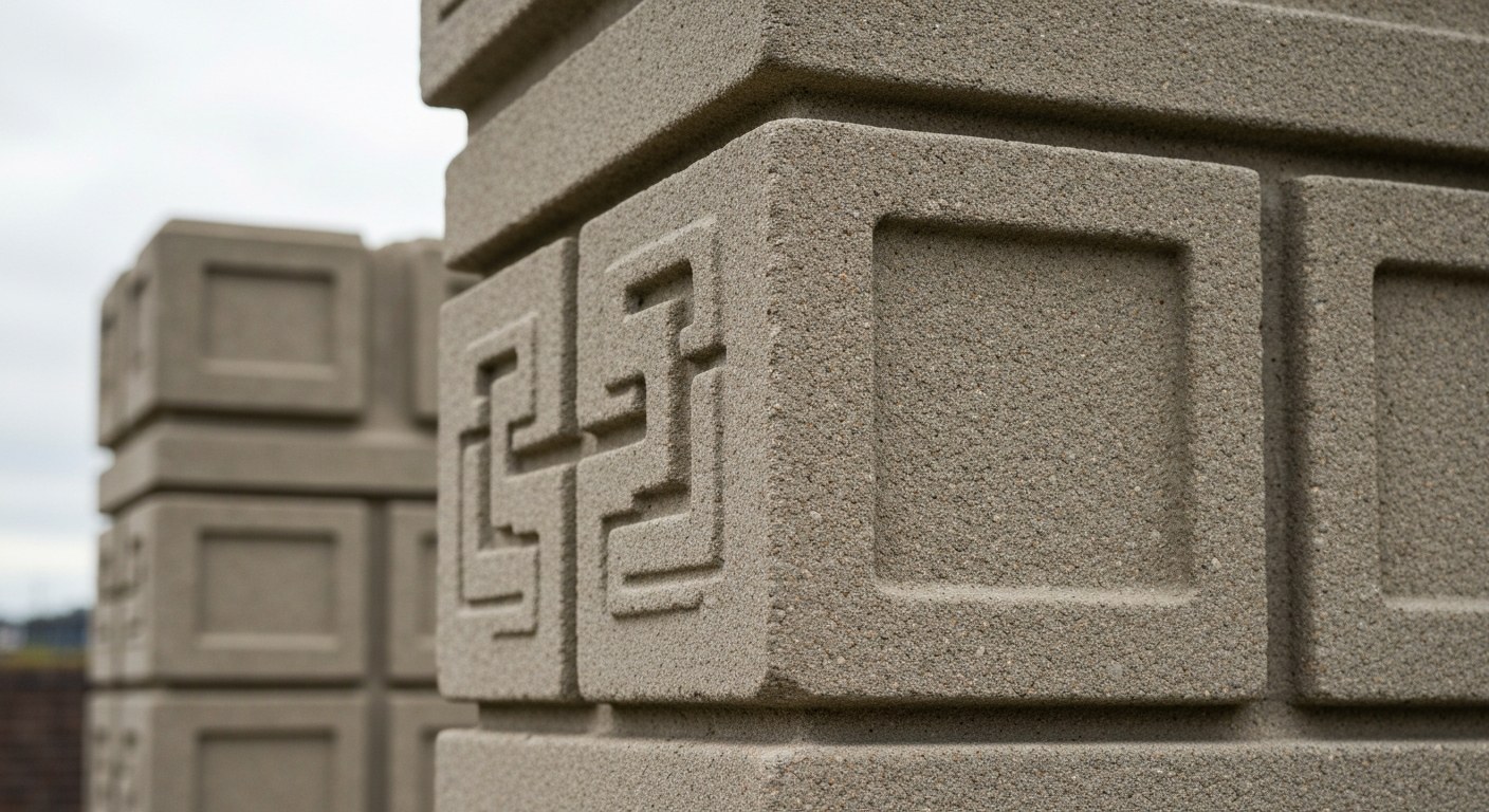 Close-up of the geometric Mayan Revival patterns and textured brickwork on the A.D. German Warehouse.