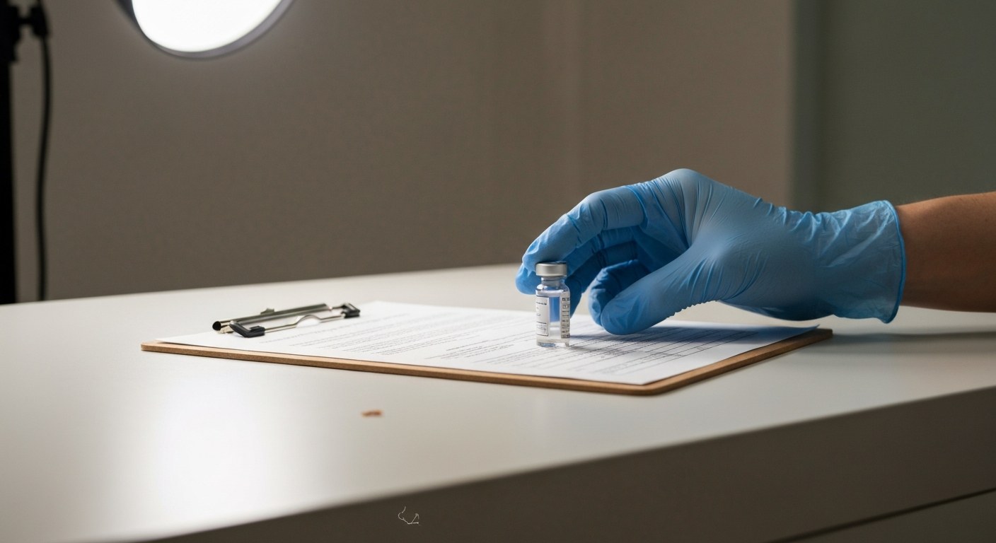 Professional Medical Screening Process for Employment A close-up of a gloved hand placing an unlabeled medical collection vial on a table next to a clipboard.