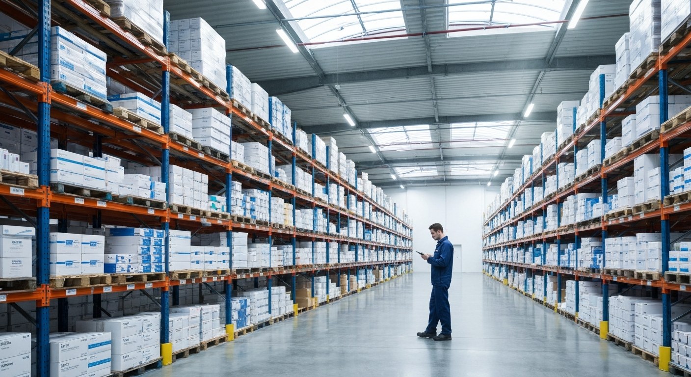 Medical Warehouse Logistics and Fulfillment Wide view of an organized medical warehouse with high shelves and a worker using a tablet.