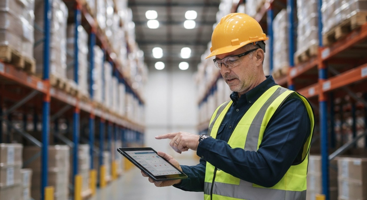 On-the-Job Training Experienced mentor demonstrating warehouse inventory software to a new hire on a tablet.