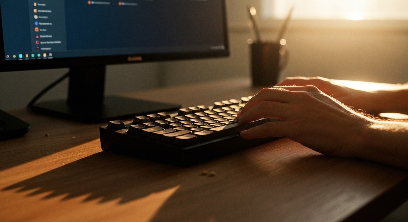 Managing the Unified Metadata Layer Close-up of a person's hands on a keyboard at a wooden desk during golden hour.