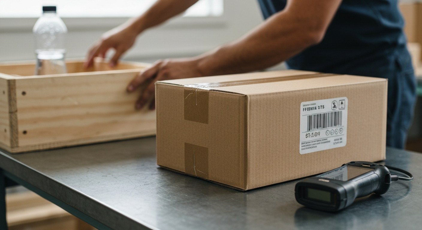 Detail shot of a cardboard shipping box and a handheld scanner on a metal workbench in a fulfillment center.