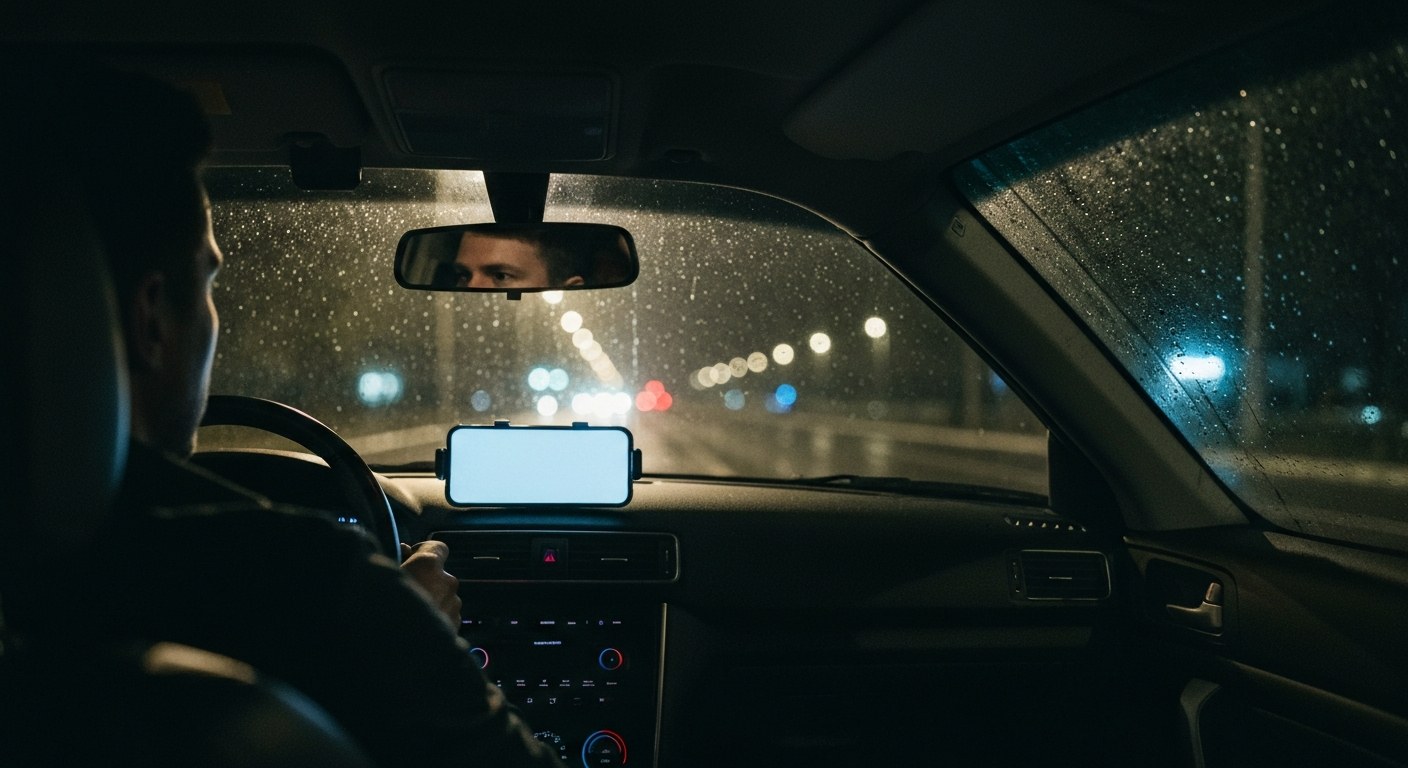 A delivery driver in a dark car at night, illuminated by the glow of a phone screen.