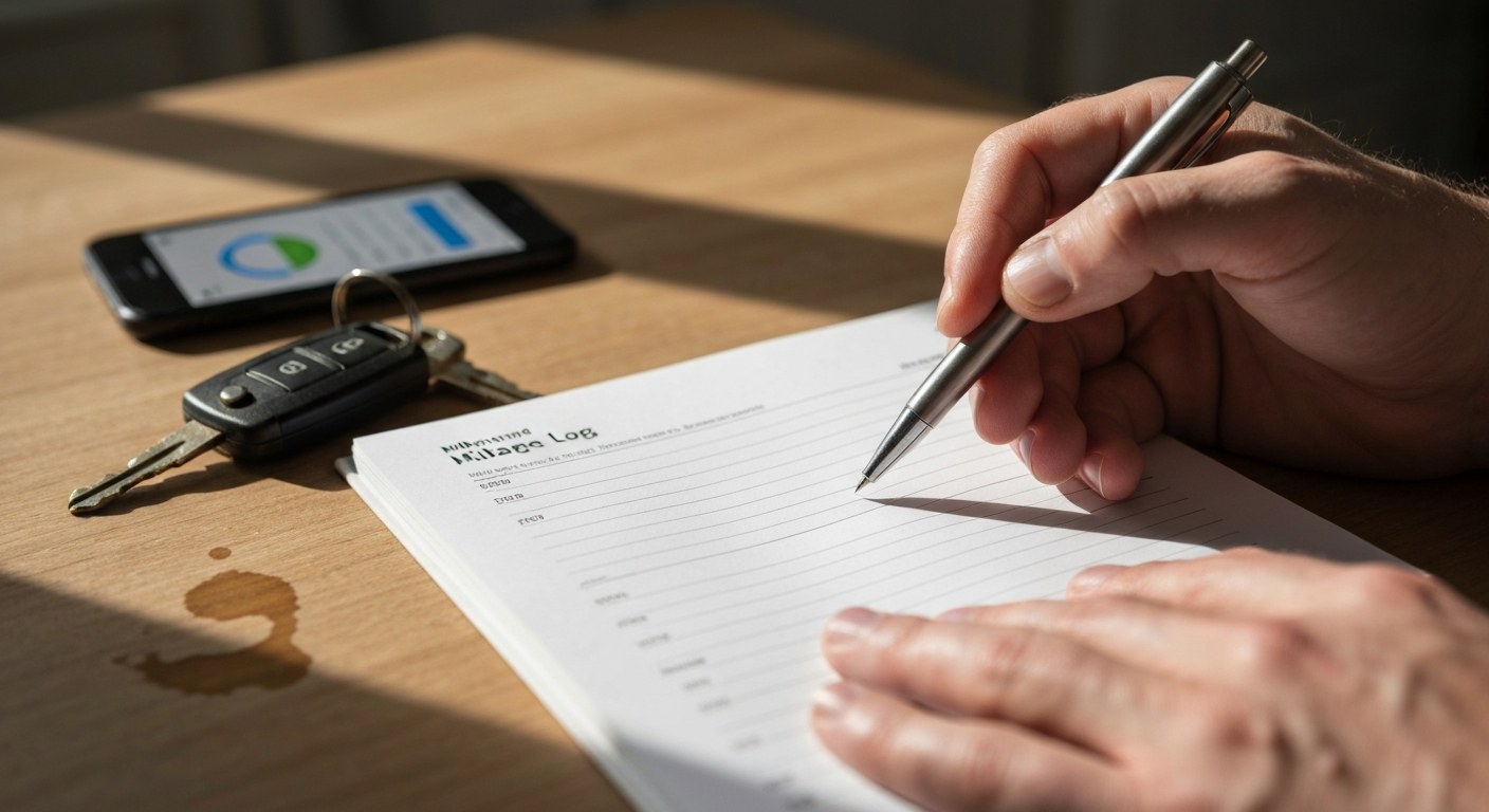 A close-up of a hand writing in a mileage logbook next to car keys and a smartphone on a wooden table.