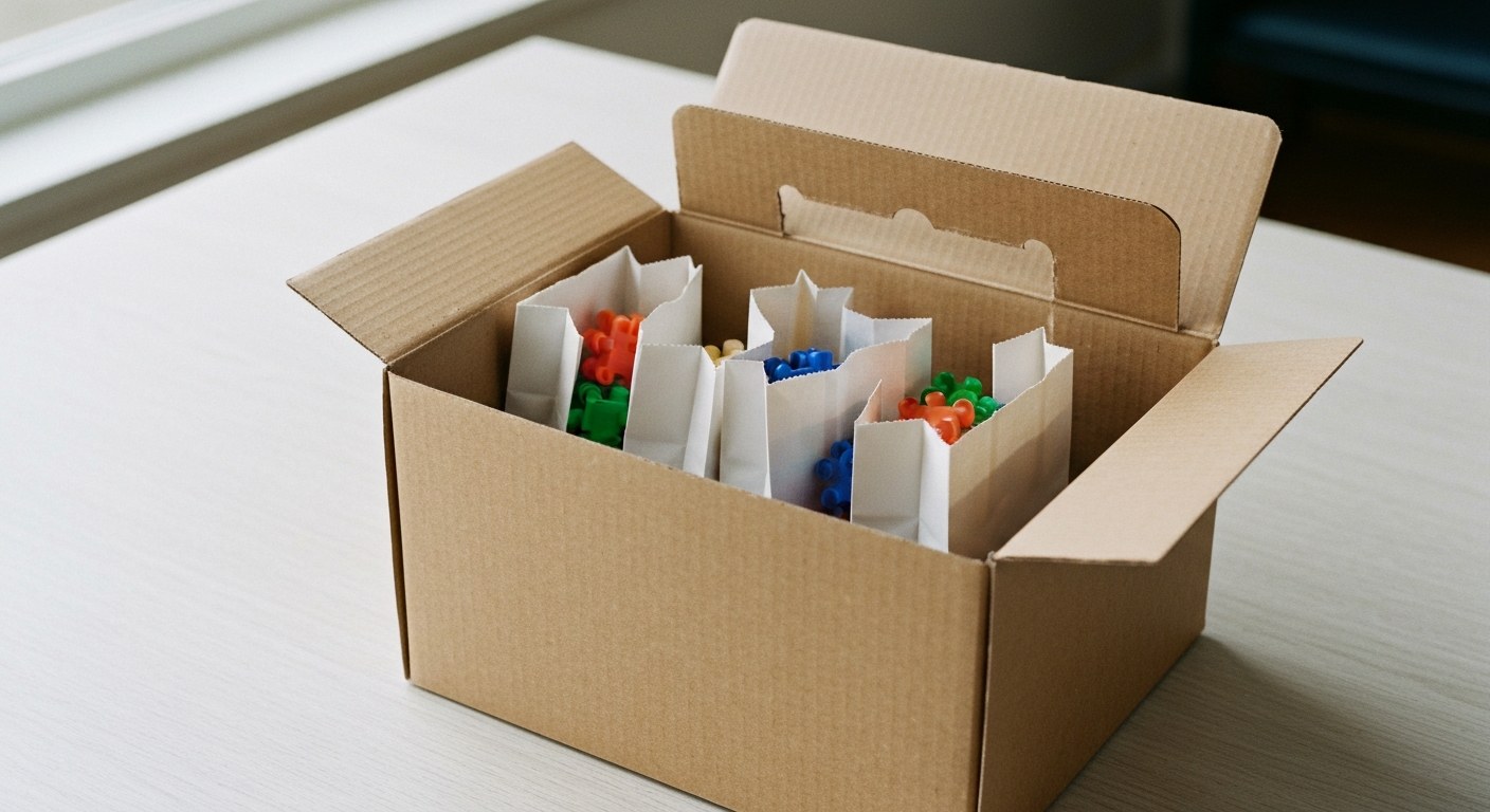 An opened plain brown cardboard box on a wooden table revealing sustainable paper bags filled with toy bricks.