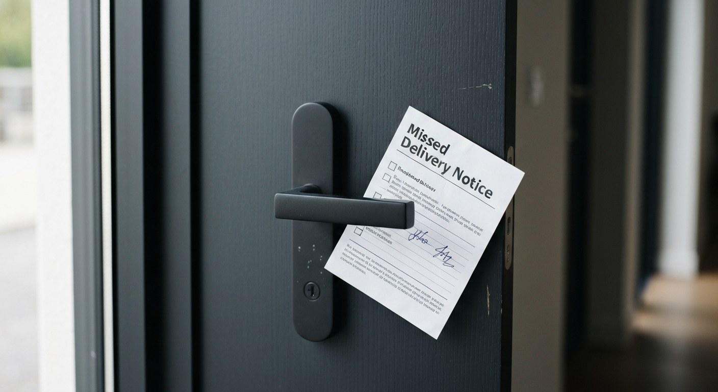 A yellow missed delivery notice slip tucked into the frame of a dark grey modern apartment door in soft light.