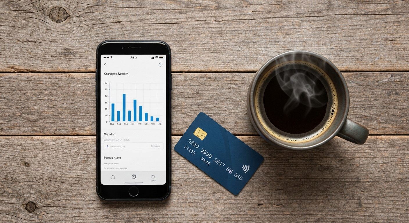 A smartphone with a banking app, a debit card, and a cup of coffee on a wooden table, top-down view.