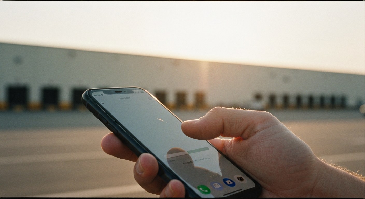 A person's hand holds a smartphone showing a tracking update in front of a blurred warehouse building.
