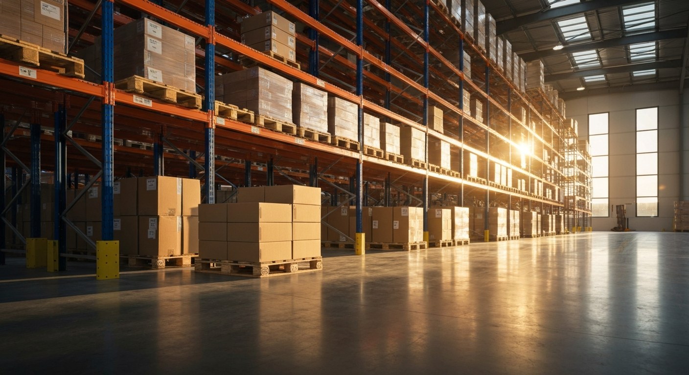 Modern Distribution Center A wide view of a modern distribution center with high-density shelving and sunlight streaming through high windows.