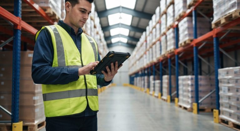 Third Party Warehousing Explained (5 Mins) 5 A logistics worker in a high-visibility vest uses a tablet in a large, modern warehouse with tall storage racks.