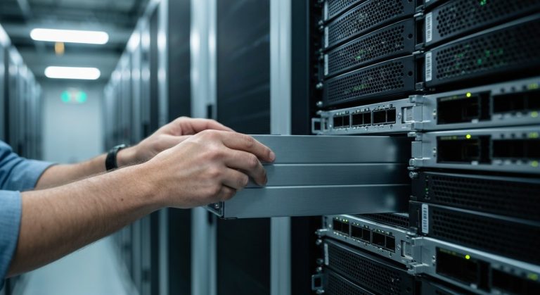Close-up of an engineer's hands installing a metal server module into a glowing data center rack with blue LED lights.