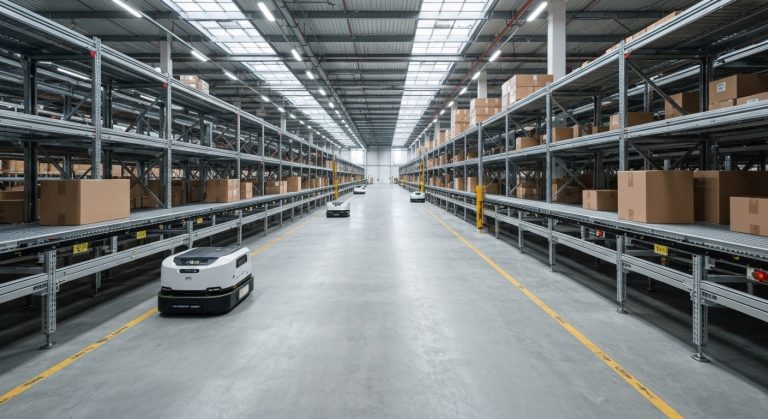 An expansive modern warehouse interior with automated robots on a concrete floor and high steel shelving units.