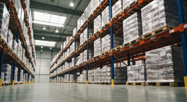 A vast, modern warehouse interior with high shelves containing shrink-wrapped pallets under natural and industrial lighting.