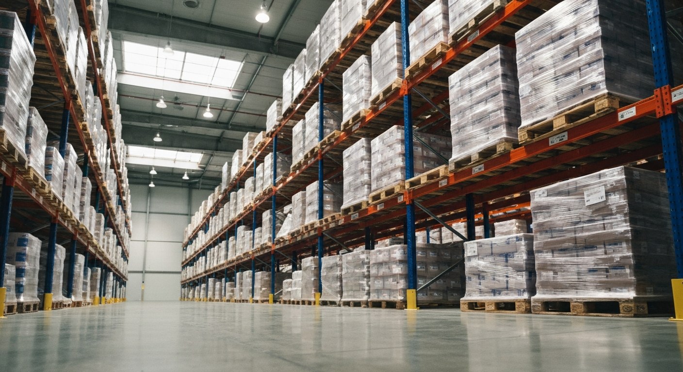 Professional B2B Distribution Center Interior A vast, modern warehouse interior with high shelves containing shrink-wrapped pallets under natural and industrial lighting.