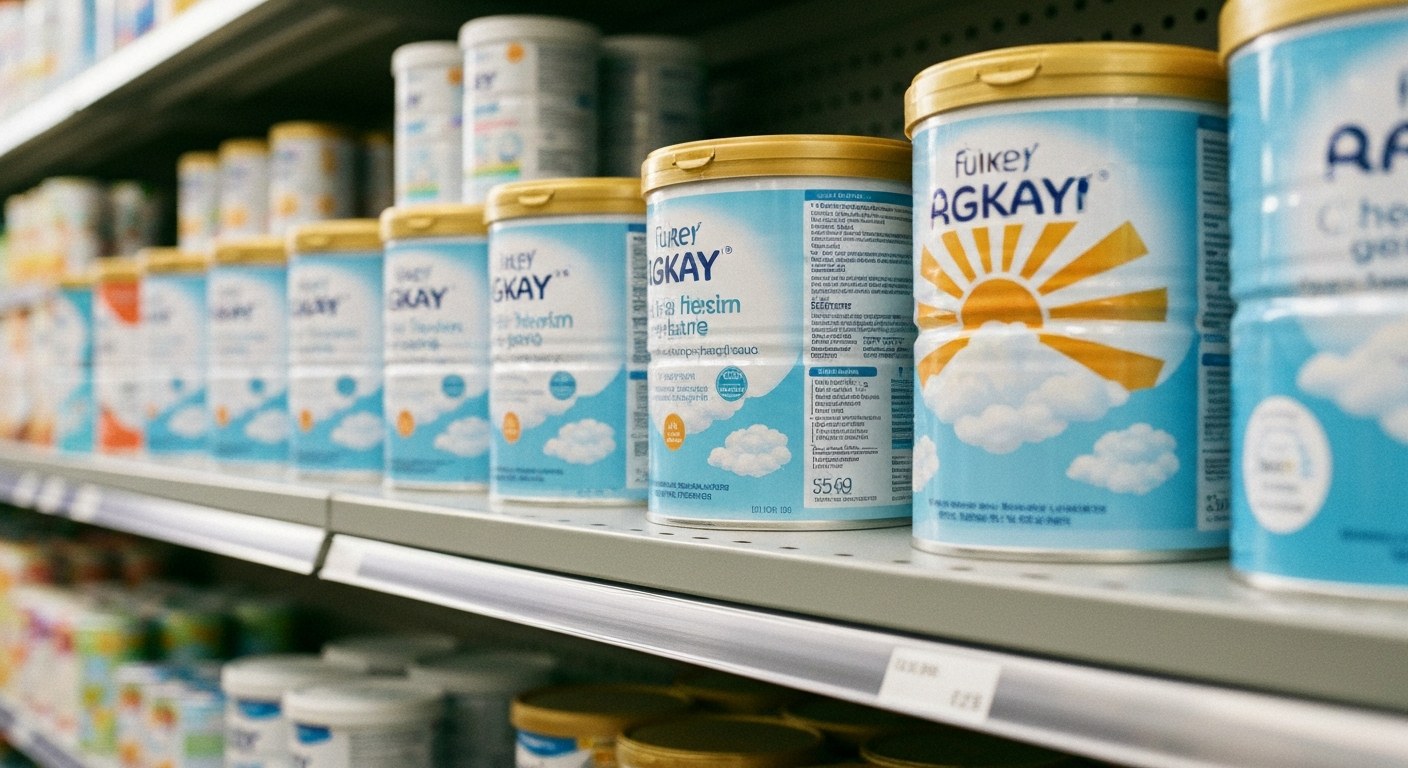 Several baby formula canisters with a sun and clouds design on a modern grey retail shelf under soft store lighting.