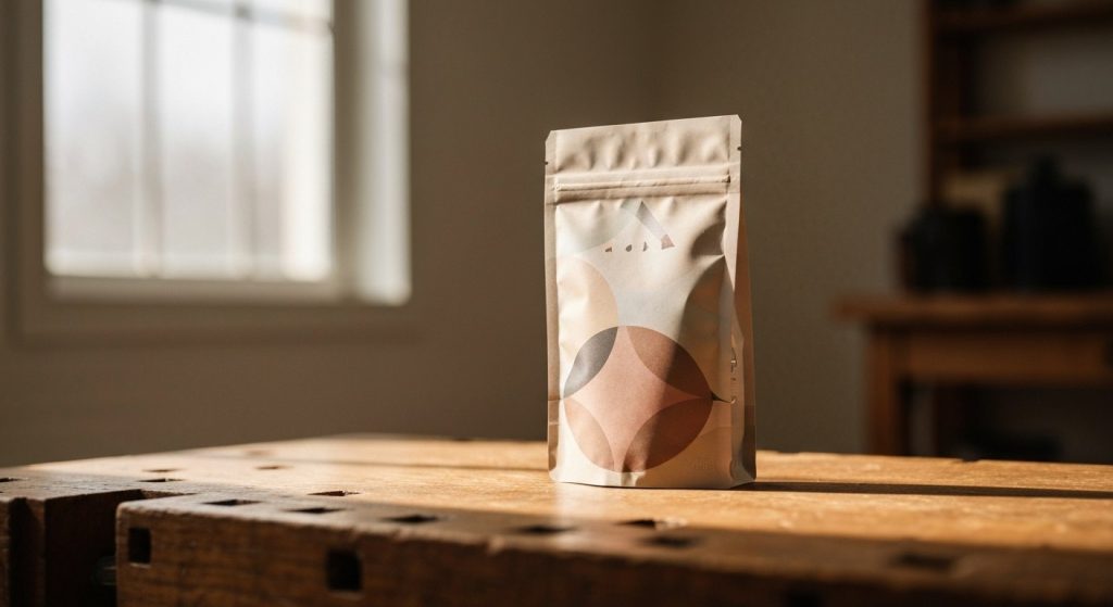 A close-up of a matte-finished candy pouch with metallic accents standing on a rustic wooden table in soft daylight.