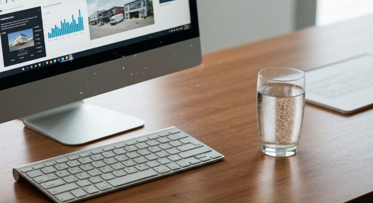 Close-up of a computer monitor showing logistics data on a modern wooden desk with a glass of water.