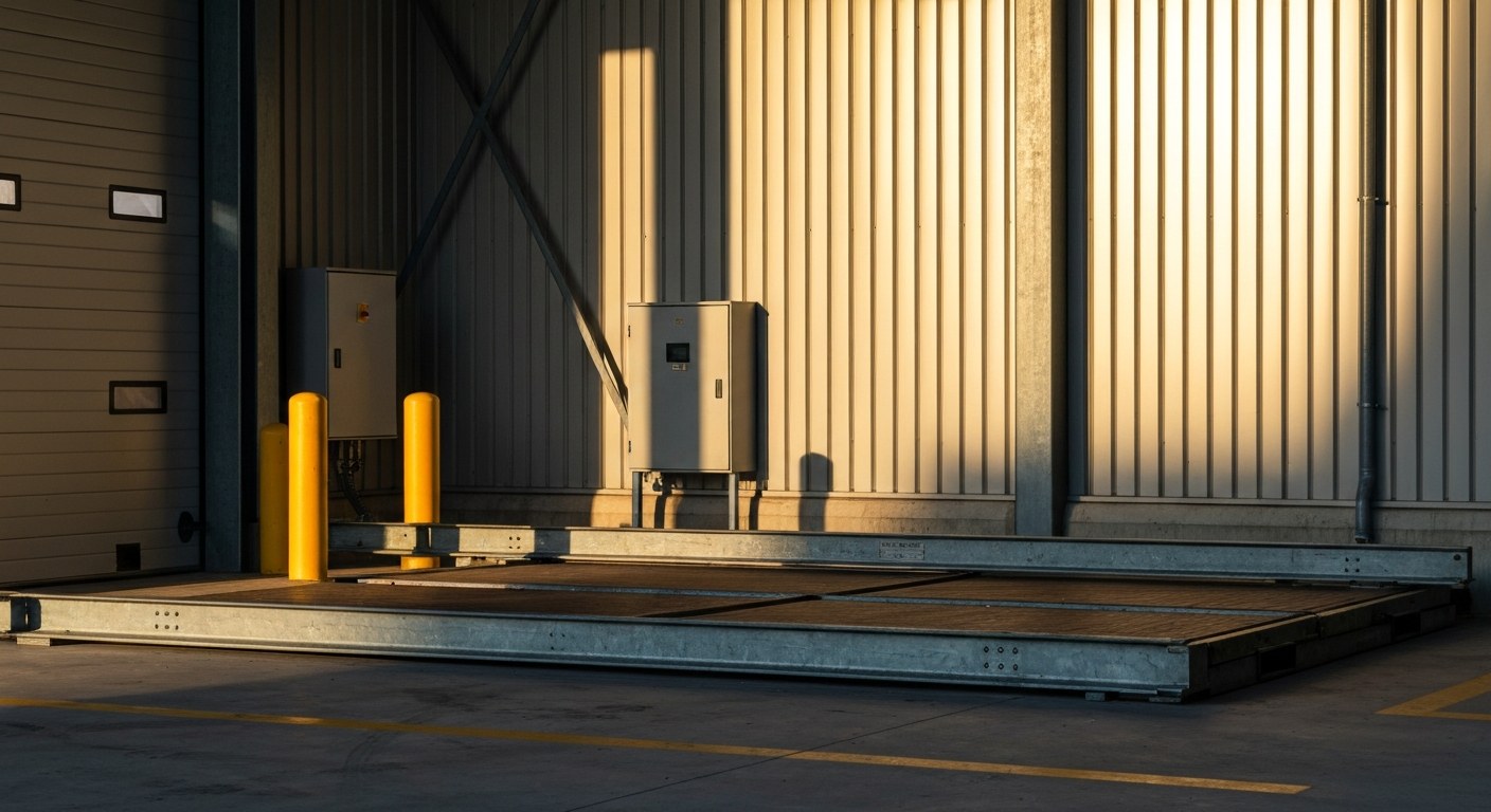 Class A Warehouse Loading Infrastructure Close-up of a heavy-duty steel dock leveler and yellow safety bollards in a modern warehouse loading bay.