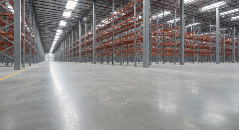 A wide interior view of a modern high-ceiling warehouse with steel pillars and polished concrete floors.