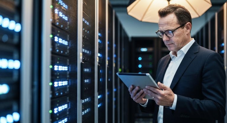 A data architect uses a tablet in a modern server room with glowing blue lights and soft background blur.