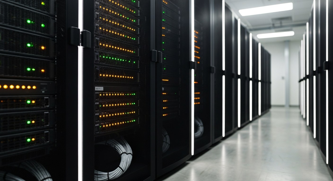 Professional Cloud Data Center Infrastructure A wide-angle view of a modern server room aisle with matte black racks and clean, professional lighting.