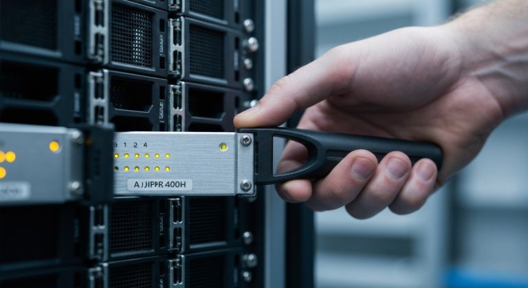 Close-up of a hand inserting a metallic server module into a rack with glowing amber LED status lights.