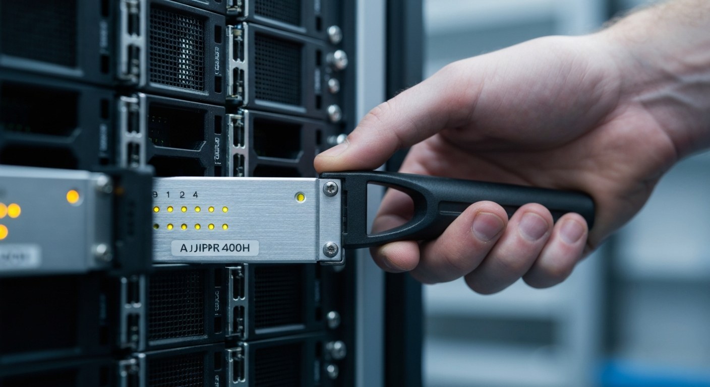Modern Data Warehouse Hardware Installation Close-up of a hand inserting a metallic server module into a rack with glowing amber LED status lights.
