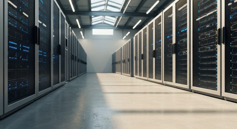 ETL and Data Warehousing: Fast Guide (No Jargon) 1 A modern data center with sleek server racks and polished concrete floors in a high-tech warehouse facility.