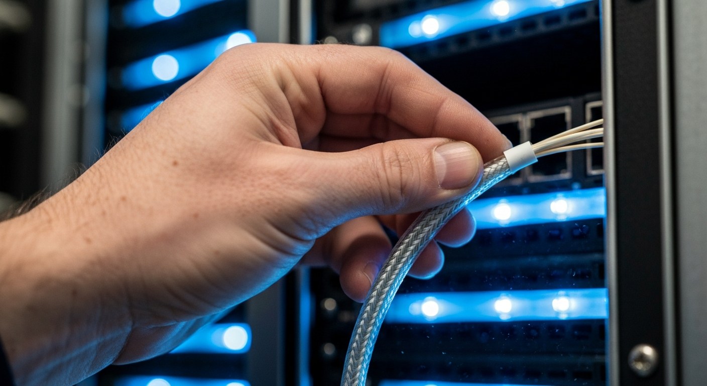 Modern Data Warehouse Infrastructure Close-up of a technician's hand connecting blue fiber optic cables in a modern, glowing server rack.