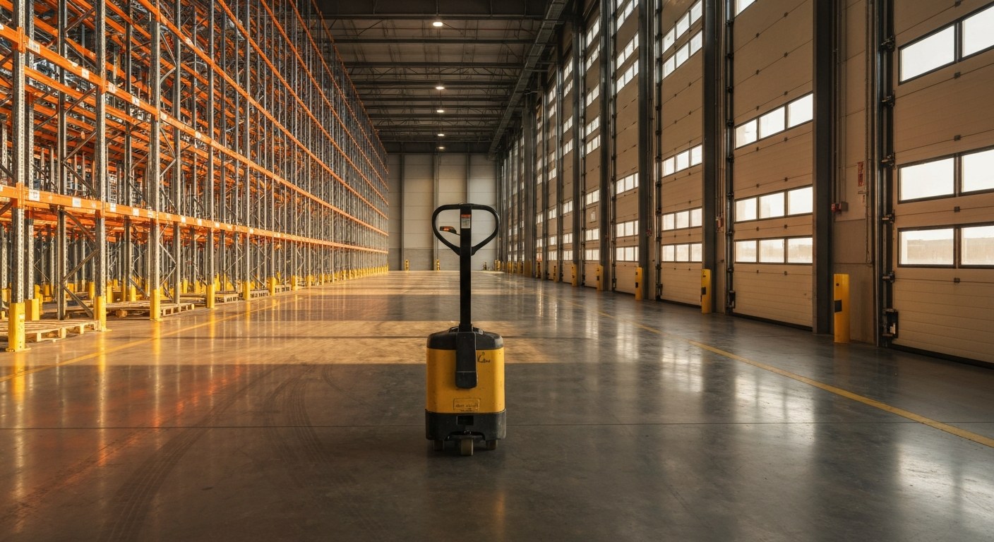 Resilient Multi-Node Warehouse Network A wide view of a modern distribution center with high racking systems illuminated by warm afternoon sunlight.