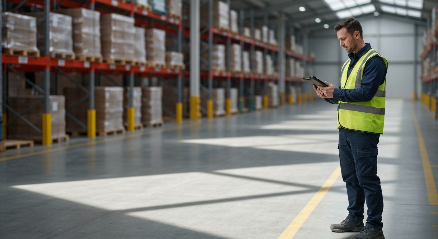 Modern Warehouse Infrastructure and Logistics A logistics manager in a safety vest stands in a large modern warehouse with tall shelving and concrete floors.