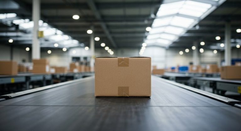 UPS in warehouse meaning? (Why It's Stuck) 10 A single cardboard package sits alone on a stationary warehouse conveyor belt in a large distribution center.