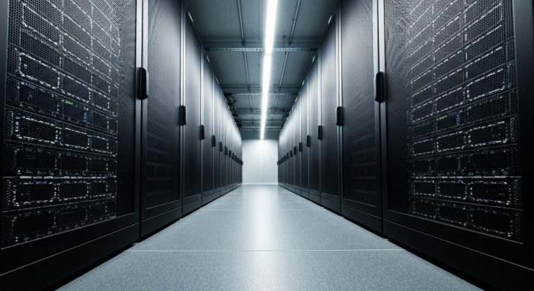 A long perspective of a modern data center with black server racks and blue LED indicators under cool industrial lighting.