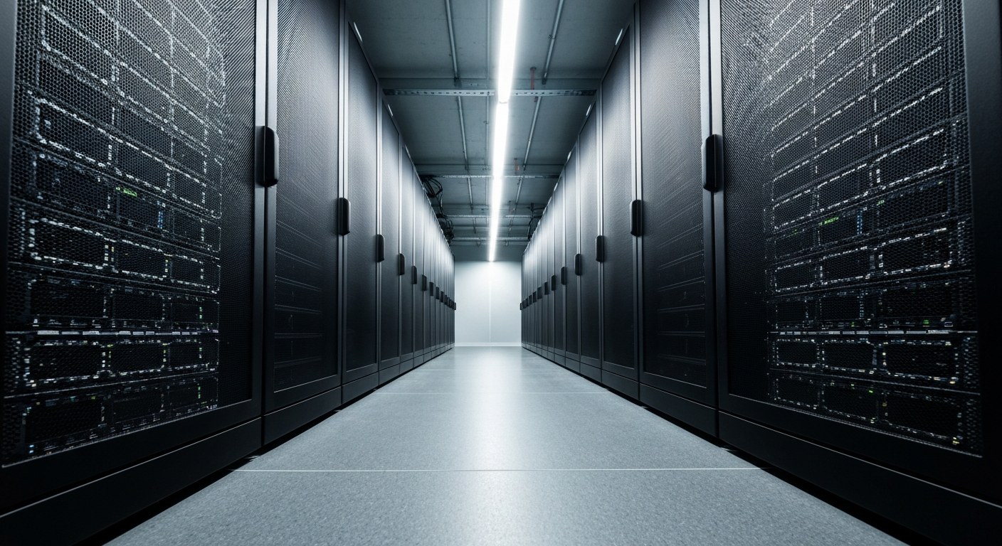 Modern Enterprise Data Center Infrastructure A long perspective of a modern data center with black server racks and blue LED indicators under cool industrial lighting.