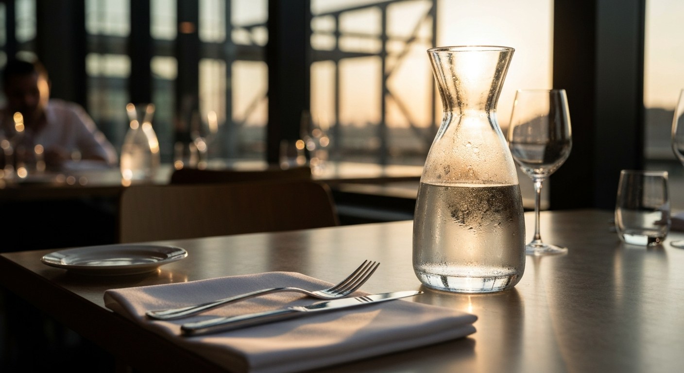 A minimalist restaurant table set near a window with golden hour sunlight hitting a water carafe and cutlery.